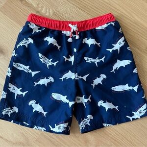 Mini Boden Navy and Red Shark Print Swim Trunks 7-8